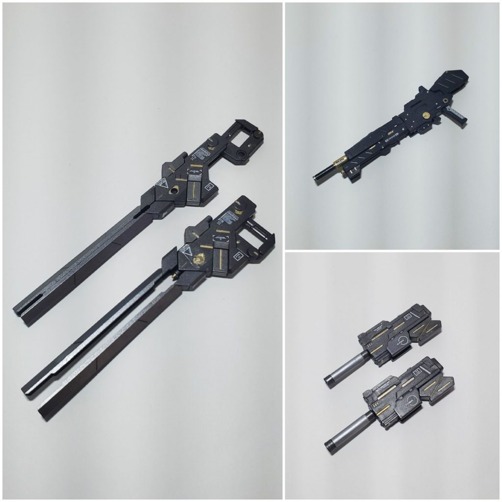 射撃武装は大型レールガンブレード、アサルトライフル、腕部無反動砲の3種を用意しました。オルフェンズの世界観では射撃武器はナノラミネートアーマーにより効果が薄いのですが ロマン重視で作成しました。