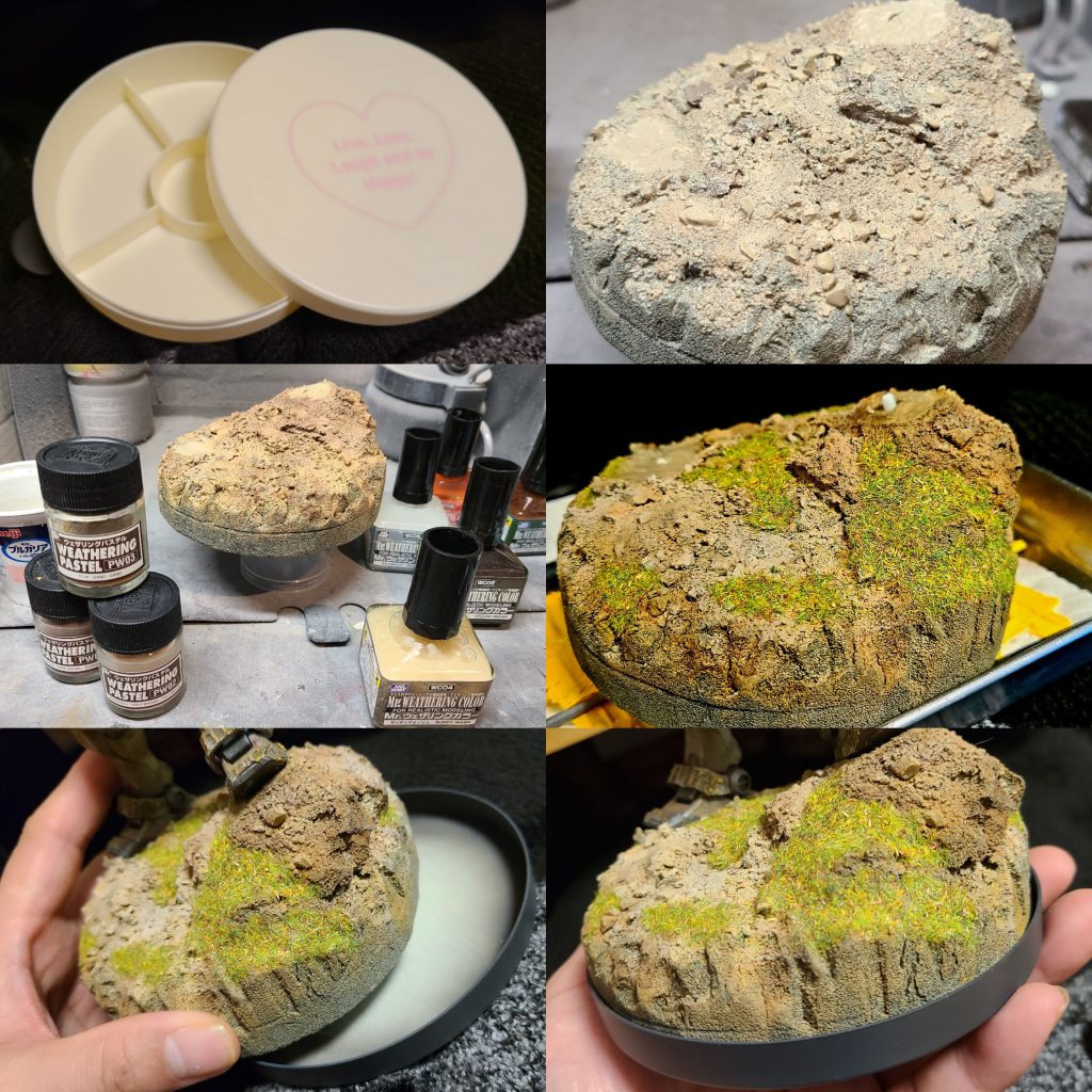 台座は100均で手に入るアクセサリーケースの蓋に、スタイロフォームから切り出した土台(石粉粘土を適度に盛り付け、バークチップや鉄道模型用の砂利や草などをまぶしたもの)を嵌め込んで作りました。自然な起伏を付けて平坦にならないようにしています。