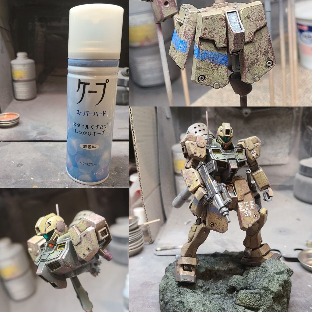 基本塗装に加え、いわゆる「ケープ剥がし」も取り入れました。右のフロントアーマーからサイドアーマーにかけて走る青の識別帯は、手作業でスプレーされたように見せるため、敢えて斜めにズラしてます(決して斜めってしまった言い訳ではありません)。この後更にスポンジチッピングやドライブラシ、ウェザリングマスターなどで更に汚されてます。