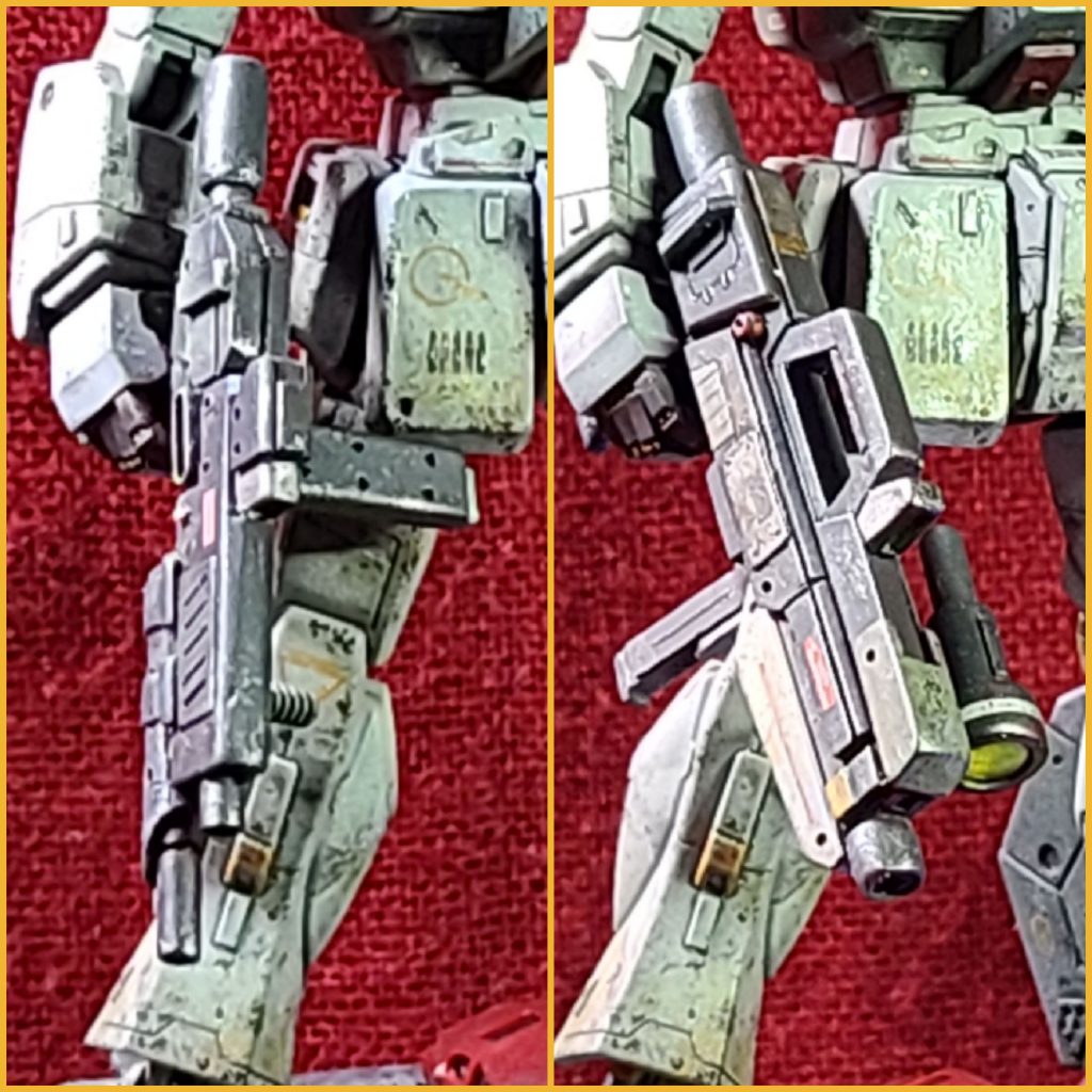 銃はプラ材で２種類自作。左は、とさしん。さんの描くジムが持つマシンガンを参考にしました。右はオリジナルのビームライフルです。共にマガジン、エネルギーパックの着脱可能です。