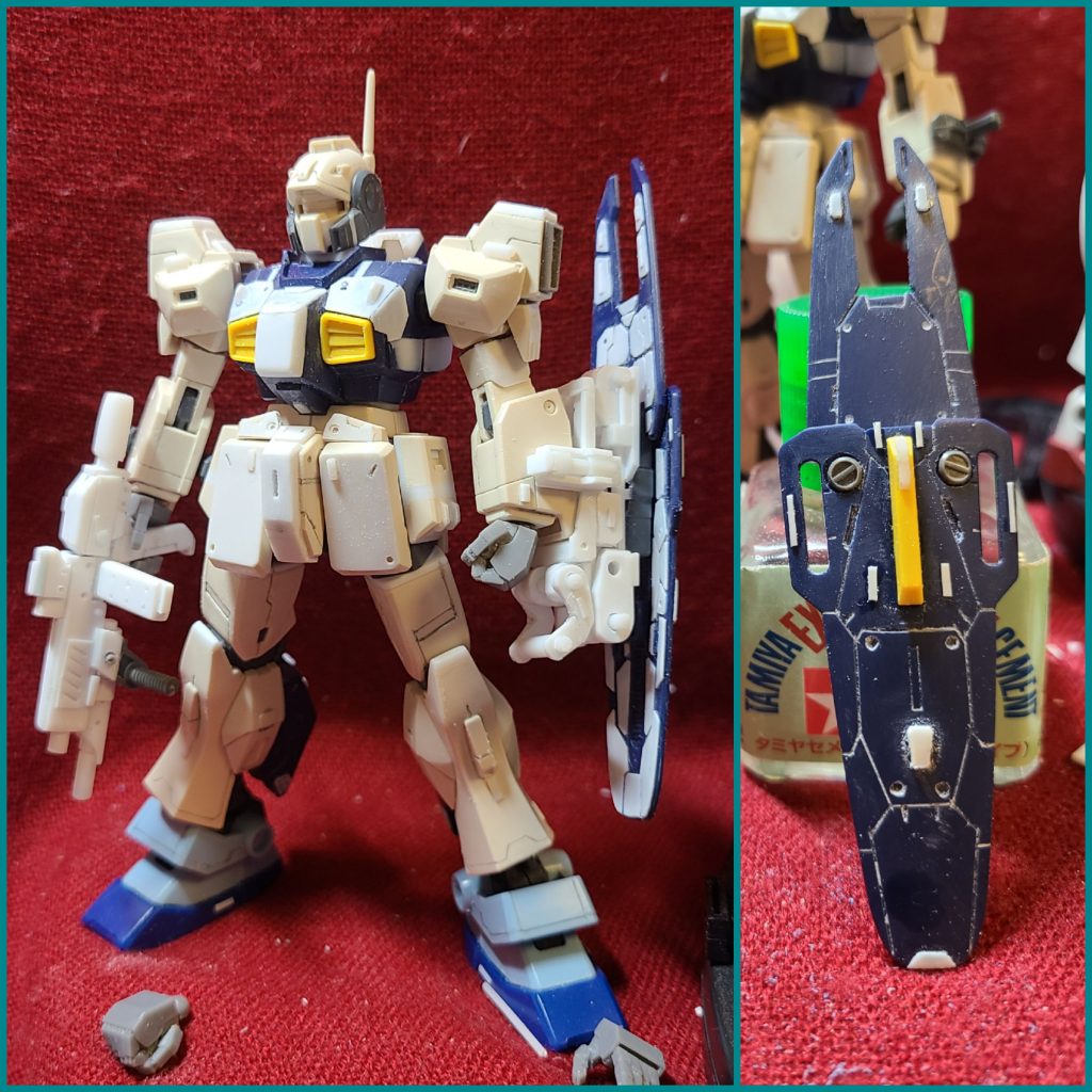 塗装前の状態。シールド表面のスジボリは、気が付いたらどこかの民族の仮面みたくなってしまいました。塗装後はそれなりになりましたが、難しいですね。(^_^;)