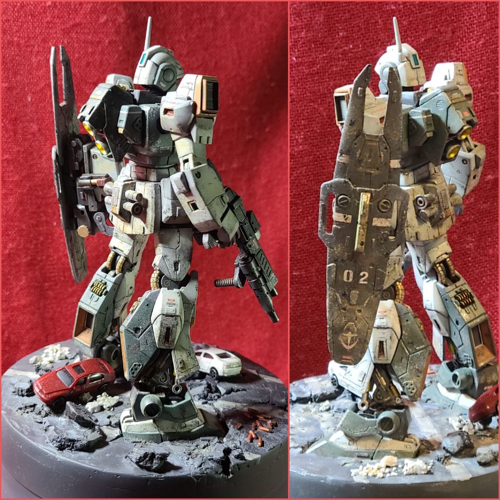 バックショット。市街戦を征した後にしばし佇み、極度の緊張状態から解放され、安堵するパイロットの息遣いを感じていただけると嬉しいです。バックパックは、同じデザインながら、ジムスナイパー2の方が若干大きく、好みに近かったので入れ換えています。