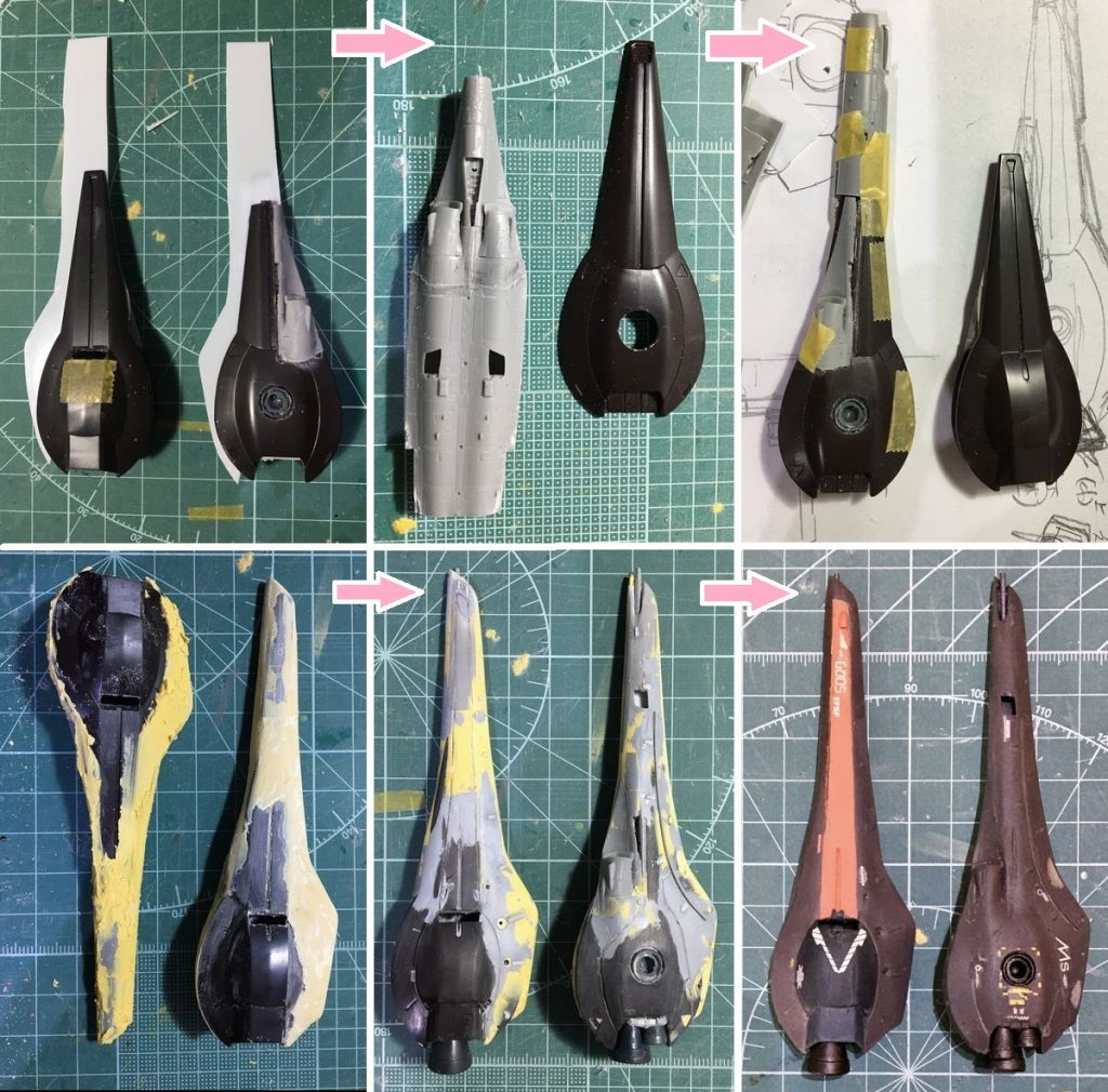 レベル社の1:144「ラファール」の胴体部を分割して、バインダーの延長部分にあてています。1.2mmプラ板をセンターのゲージにポリパテで強引に。何とか形になってくれてよかった×2。(本当は、ネロ・トレーナー用バインダーに似せたものを8割方作っていたんですが、“センチネル色強すぎ!”とボツにしました・・・)先端の機関砲は、ドラゴン社の1:35戦車キットから。