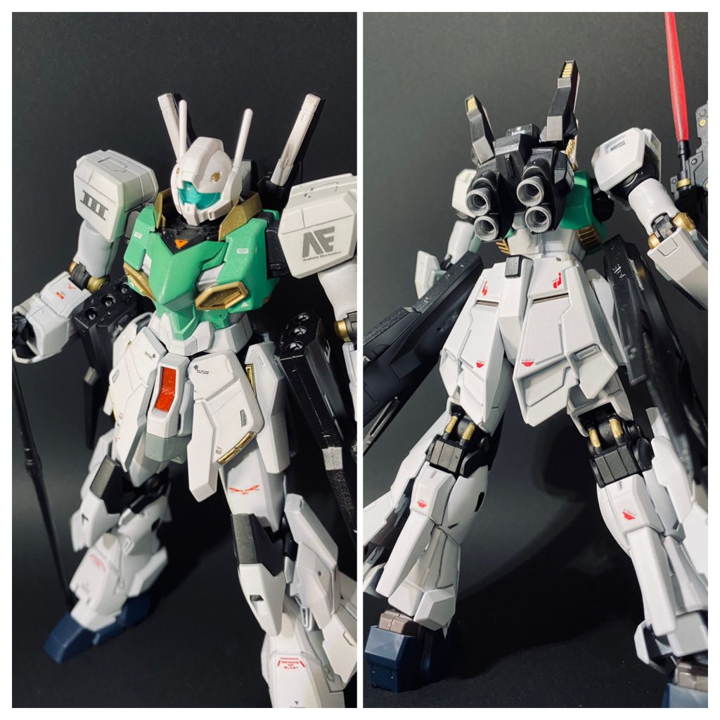 昨今、バトルオペレーション等メディア作品において、なにかと注目を集めるジムⅢとなります。HG1/144「シナンジュ・スタイン」をベースに スラスターの増加、近接武装多めのカスタム。