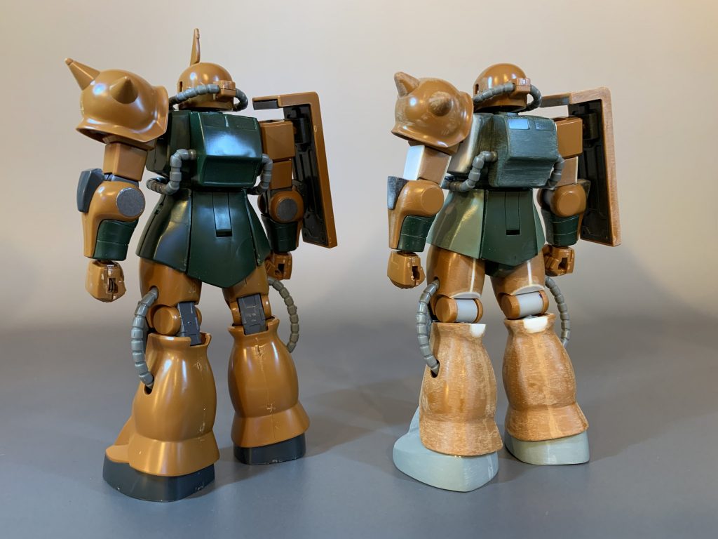 各所でプラ板による幅増しや、ヒザ裏やヒジ内側の関節改修、フットパーツはMSVからそのまま移植。ヤスリがけで丸味を持たすなど、出来る限り旧キットMSVっぽい演出をしてみました。