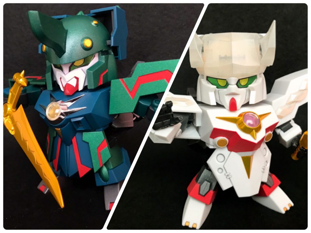 (左)機甲神ジュピタリアス敵に操られていたが正義の力を取り戻した機体。設定が美味しい!グリーン部分はメタリックグリーンで塗装。(右)機甲神オルフェリス光のバリアを展開!クリアパーツにはパールホワイトを塗装。