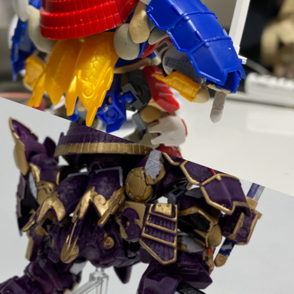 今回の肝。腰サイドアーマーの介錯。股割り時に干渉しないよう、創傑ダブルオーのバックパックを腰に接着。武者頑駄無のサイドをつけて可動化しています。