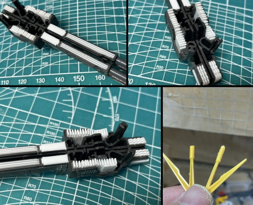 スジボリのRPカッターを買ったので無駄に椎茸栽培。ランナーの中心に穴を空けて、アンテナの先に接着、削ってシャープ化。