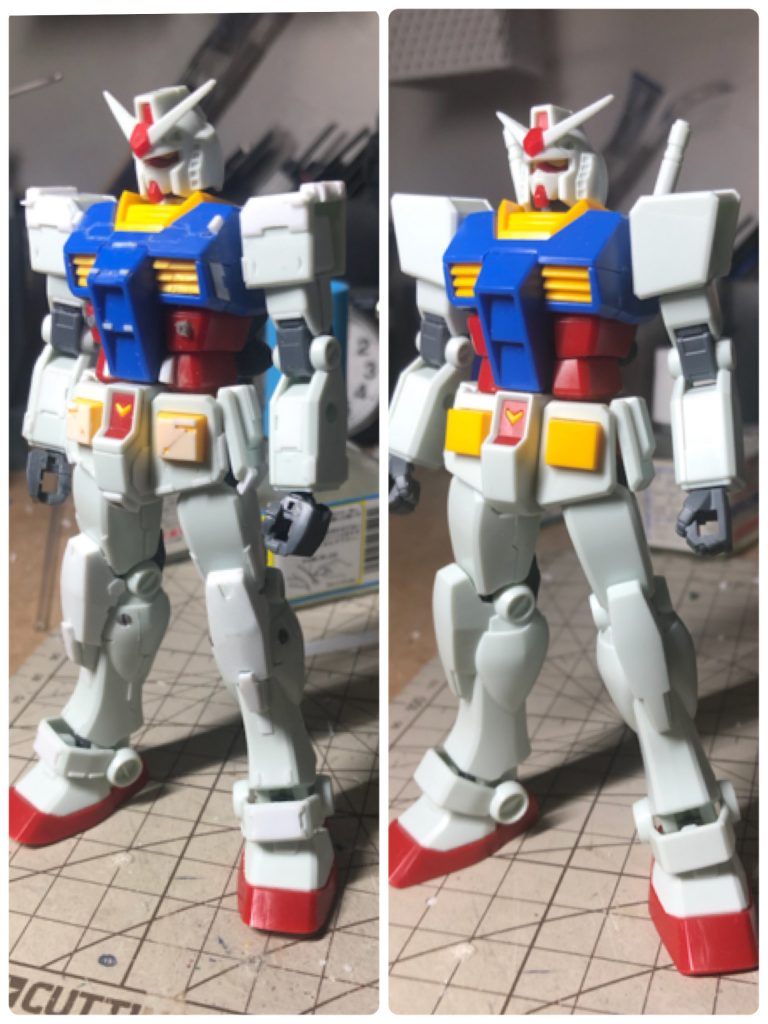 右が素組、左は調整してディテール追加した状態です。フトモモと首を延長、肩と足先を削り込みました。少しは好みのスタイルに近づけた気がします。