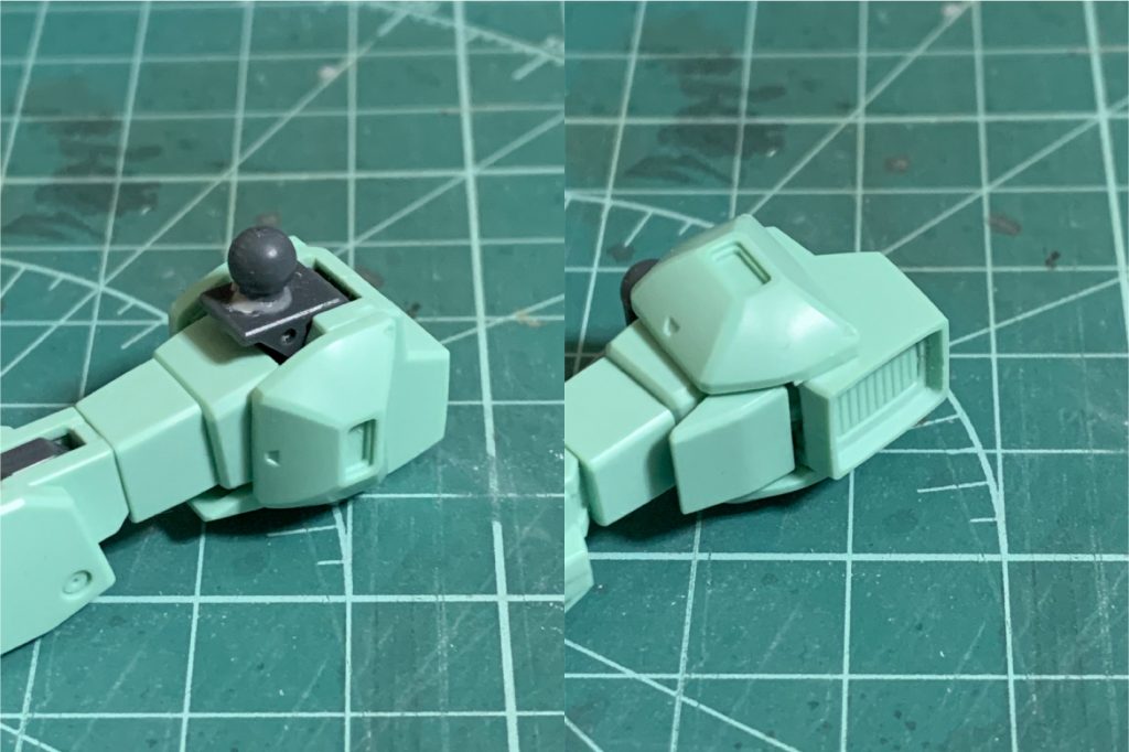 肩の接続部分を1.5mm程度下がるように改修してボディの肩のラインと前後のスラスター?パーツと同じ高さになるように調整。肩部スラスターの外側を少しだけ削りこみ雰囲気程度小型化している。