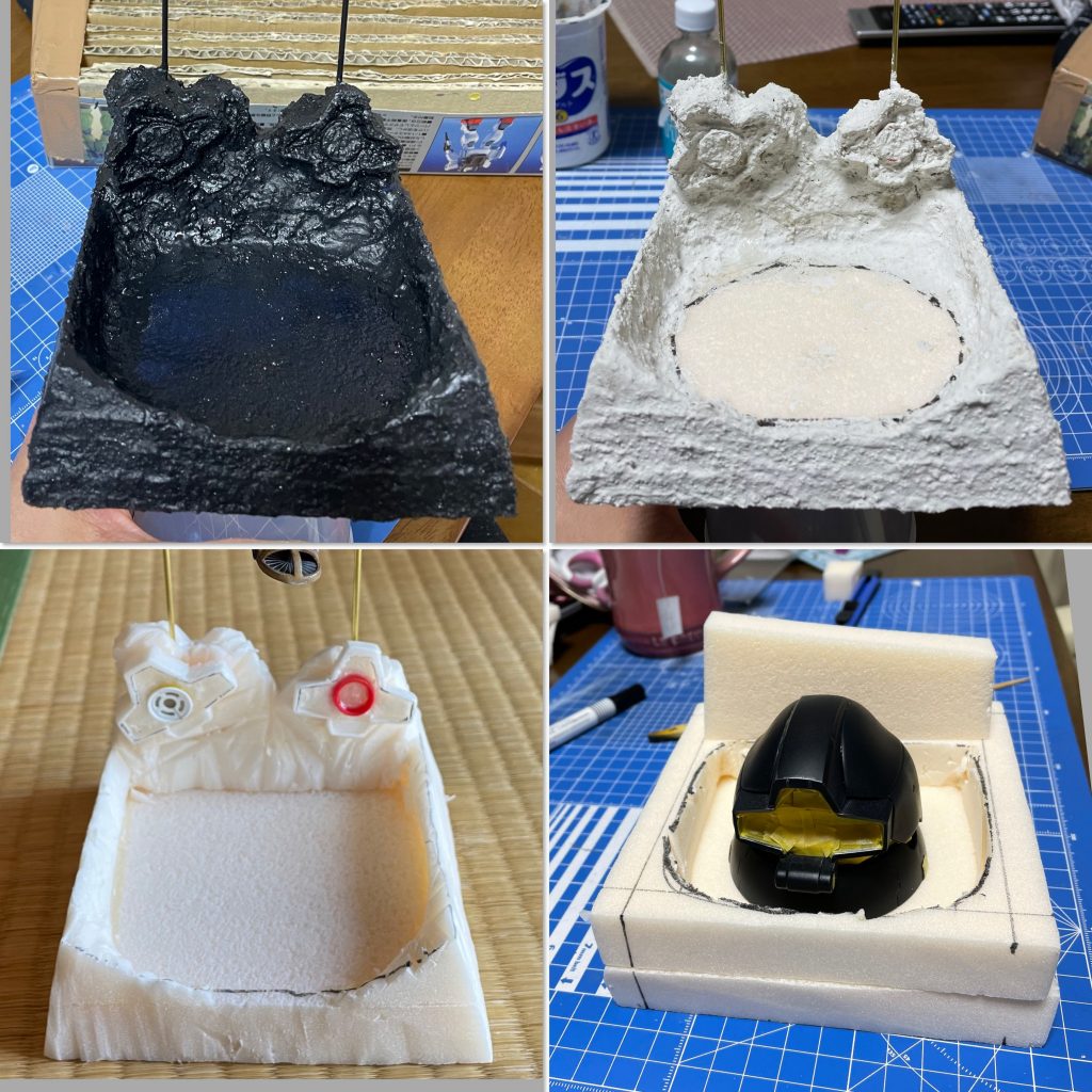 スタイロフォームを切り出しシーナリープラスターを塗り黒く塗装したところです。
