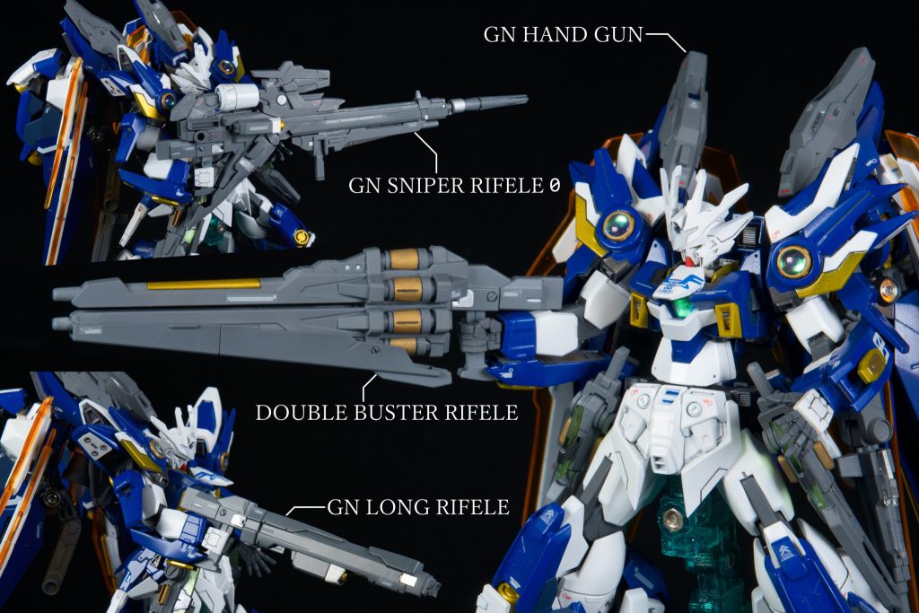 【WEAPON】戦況に合わせてバレル部分を換装可能な主力射撃兵装GNスナイパーライフル0:カートリッジ式の大型狙撃銃。ビットによる索敵と迅速な位置取りによる高出力狙撃が可能。ダブルバスターライフル:ウイングガンダムのバスターライフルを上下2丁接続したもの。性能は変わらないがカートリッジ方式の為本体への負担がない。GNロングライフル・GNショートライフル:命中精度と威力に優れるロング・連射性に優れるショートを選択して使用するロング・ショートは背部にマウント、スナイパーライフル・バスターライフルはミッションに合わせて選択される