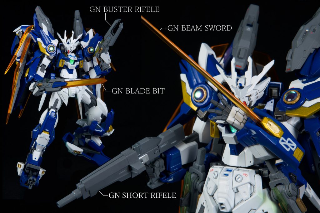 GNバスターライフル:両腰にマウントされる2丁の開放型バレル方式のライフル。GNブレイドビットと連結することでソードモードとなる。GNブレイドビット:GNソードVの刀身部分をビット化。GNバスターライフルと組み合わせることソードモード、GNソードビットと連結しバスターソード・ライザーソードとなる