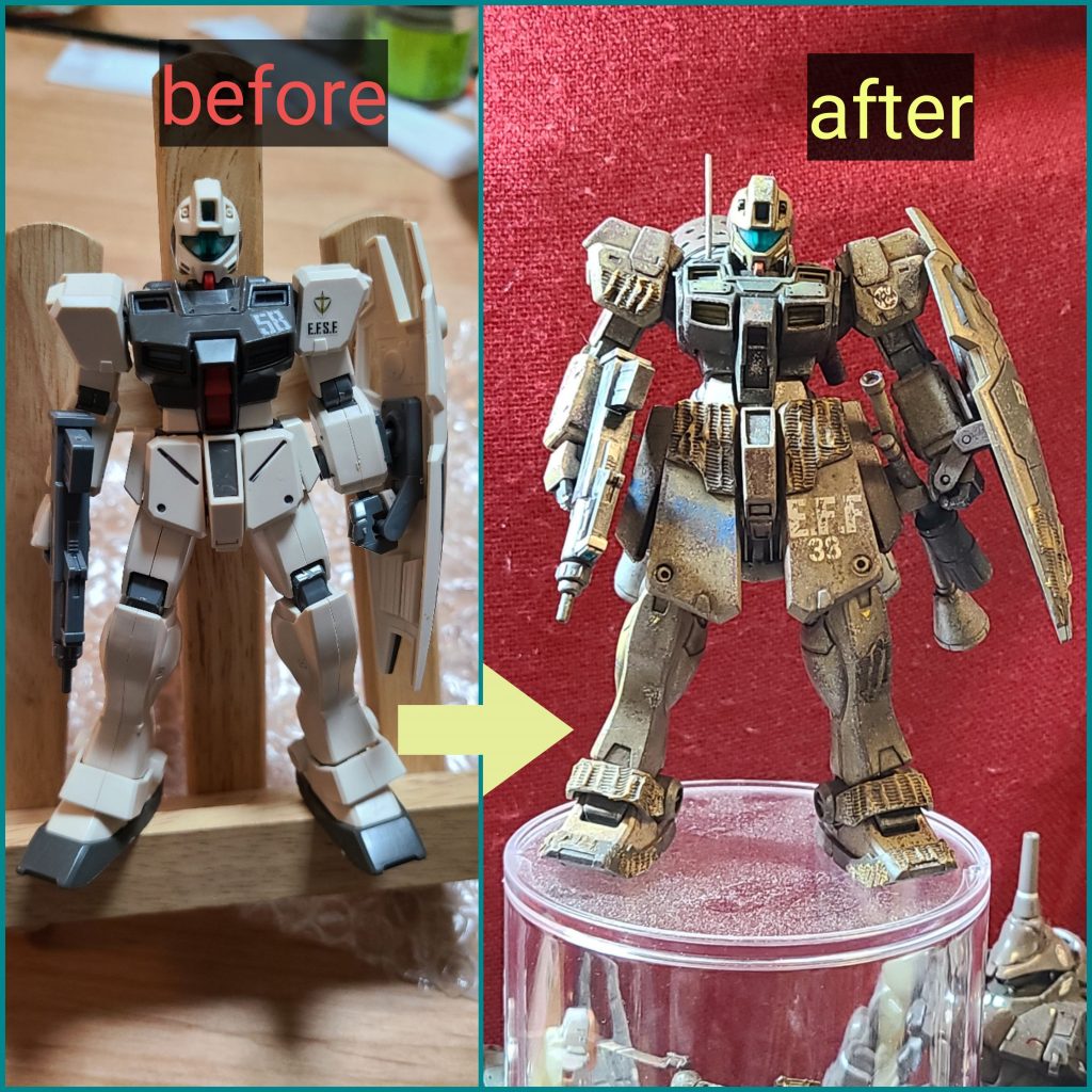 ベースキットはジムコマンドコロニー戦仕様。そこに他のジム系パーツをミキシングしたり、プラ板工作でまとめ、機体下方を中心に、まばらにツェメリットコーティングを施して、陸戦らしくしてみました。