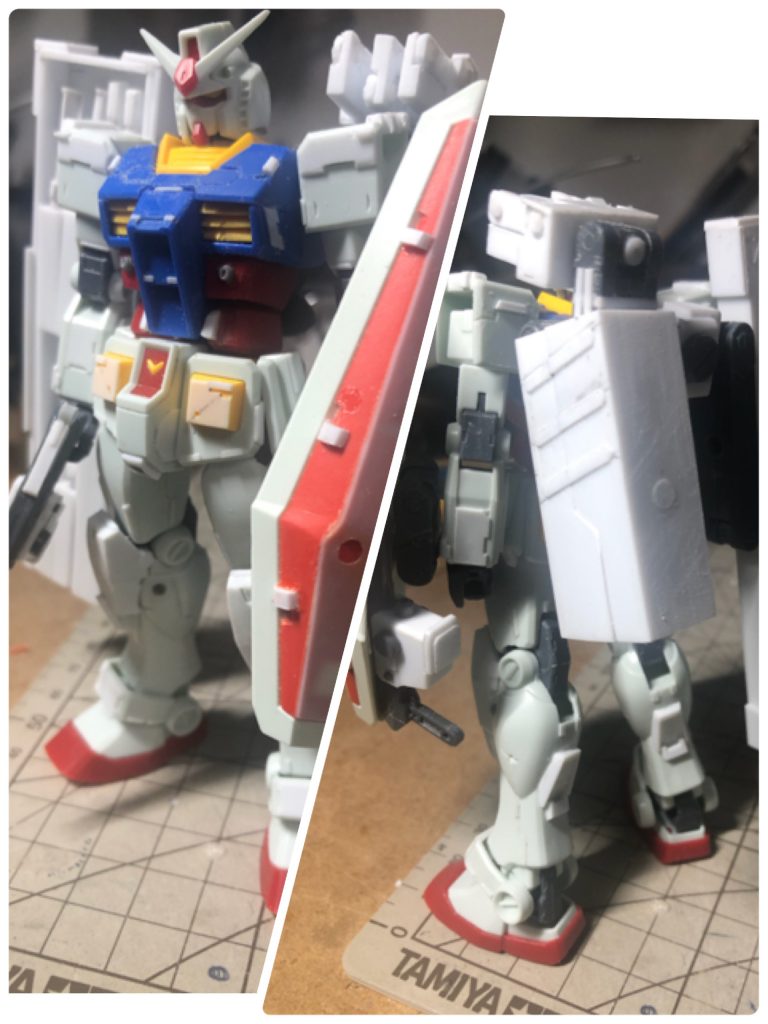 武器を作った状態です。シールドは余ったGM/GMのもの、銃はベースガンダムから流用しました。白い部分はプラ板です。