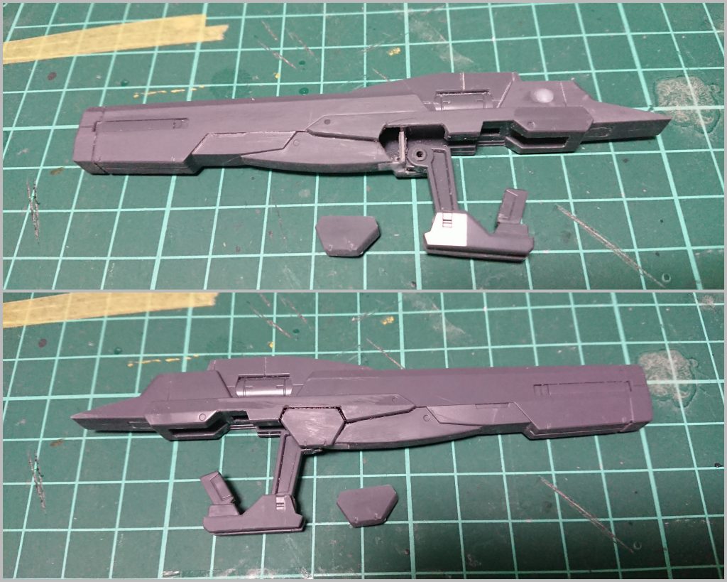 シグマシスライフルの後ハメ加工。グリップ接続部の片面を切り取り。裏側には切り取ったパーツと同じ形にスジ彫りでモールドを入れました。小さい方の挟み込みは段落ち加工で。