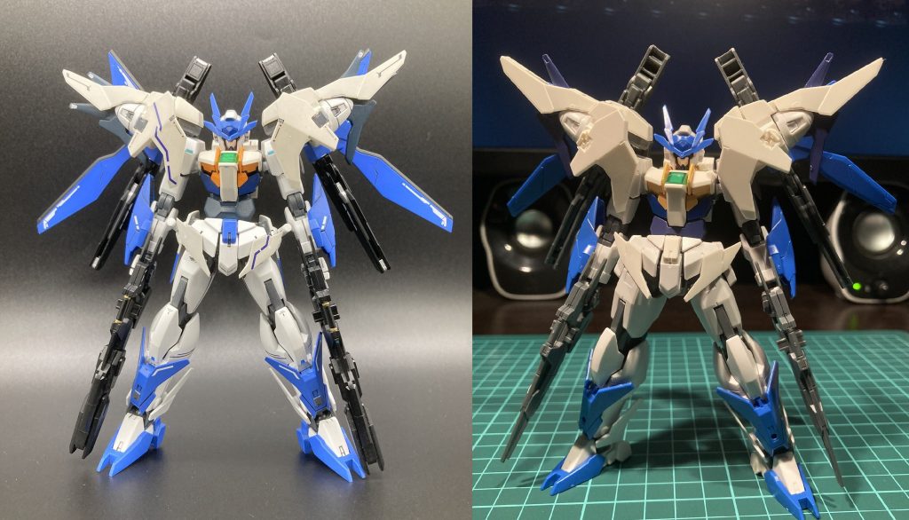 素組と比較胴体 鳩尾と腰で1ｍｍずつ合計2ｍｍ延長、フロントアーマー切り詰めて幅減、サイドアーマーをビルドストライクの物に変更、太ももをダブルオーの物に変更、足をラッシュポジション時のヒール状で固定これで寸詰まりだったのがシュっとしたシルエットになったかと思います。