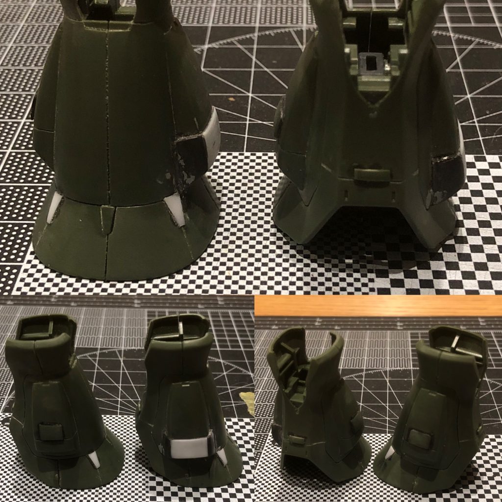 ふくらはぎ。ランナータグで凸モールド追加。後ろの合わせ目は消さずに残しました。同じ様なモールドをプラ板で作成し、スジボリ加工しました。側面のダクトは、外側だけボリュームアップ。