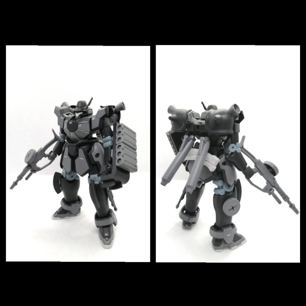 武装はザクマシンガン、クローシールド、ミサイルランチャー、ビームトマホーク、ニートマホーク推進力はブースター、背中にザクの肩装甲を模したスラスターを追加マグアナックは砂漠戦のイメージが強いけど小さいスラスターが体の各部にあって宇宙でも機体制御に使えそう