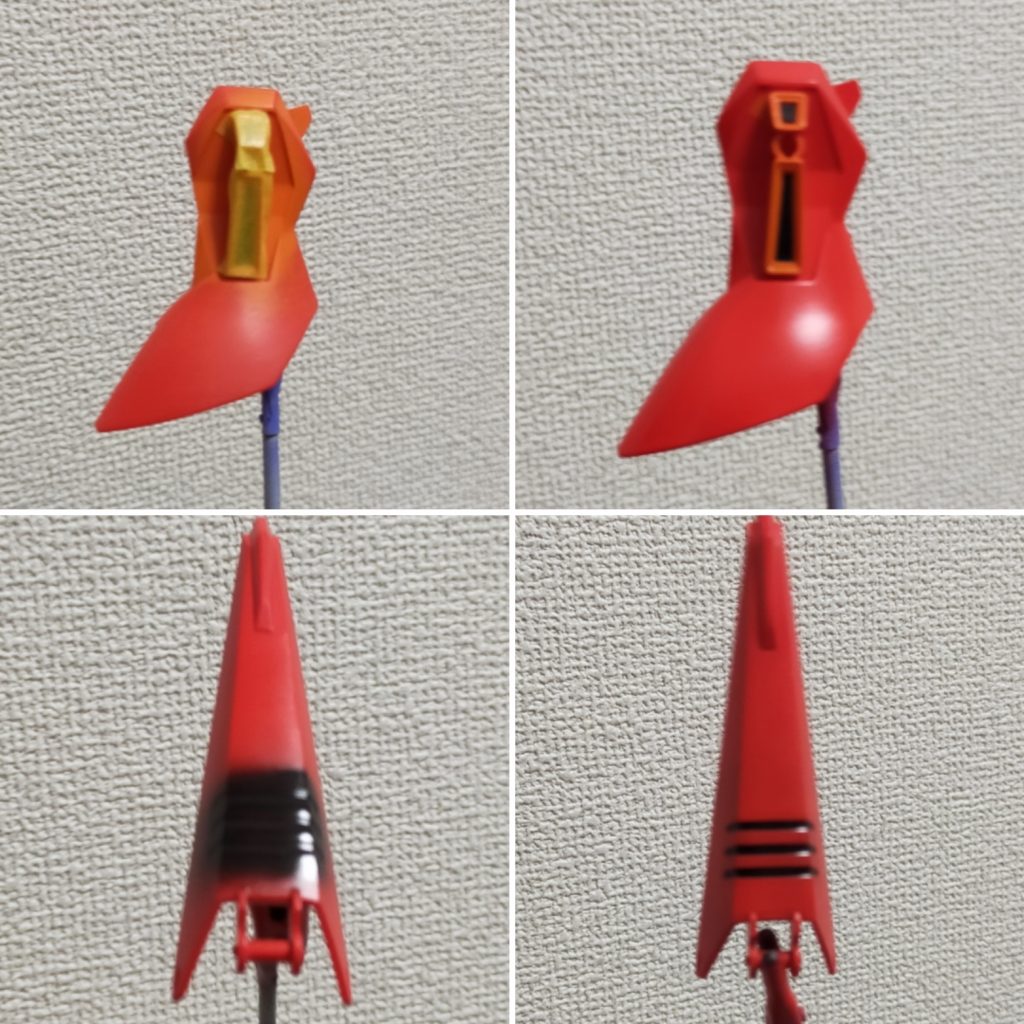 マスキングでの塗り分けや、モールドにはラッカー塗装してからエナメルの黒をエアブラシ塗装し、はみ出た部分を溶剤で拭き取っています。