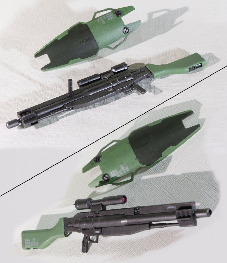 ＞ビームスナイパーライフル形状が気になったので改修。Dパックとの合体は不要になったこともありストックは本来あるべき向きに見えるように接続。センサー部はいったん切り離し合わせ目消し、レンズ部はビームサーベルのランナーから削り出したものをハメ込み。他後部を塞いでそれっぽいディティール追加。砲口が余りにも切りっぱなしな形状なのでプラ棒・プラパイプにてマズル部を付けました。これで武装単体で見てもスナイパーライフル感が出たと思います。