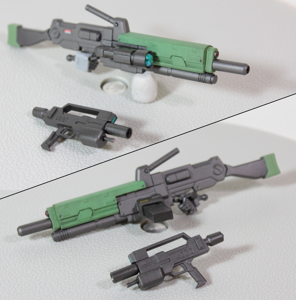 武装類・ビーム・マシンガンコトブキヤのウェポンユニットのライフル2種を二個一で本体部を作り、バレル、ストック、キャリングハンドル部を追加。センサー部にHIQ PARTSのグリーンＬを使用。イメージ的に元ネタはMINIMIでそれをゴツくしてます。・ビーム・ライフルメインとなる追加武装が大きいので対比として小さめに作りました。折角なのでイメージ的にビーム・スプレーガンに寄せてみました。センサー部のクリアパーツはやはりクリアグリーンのランナーを利用。