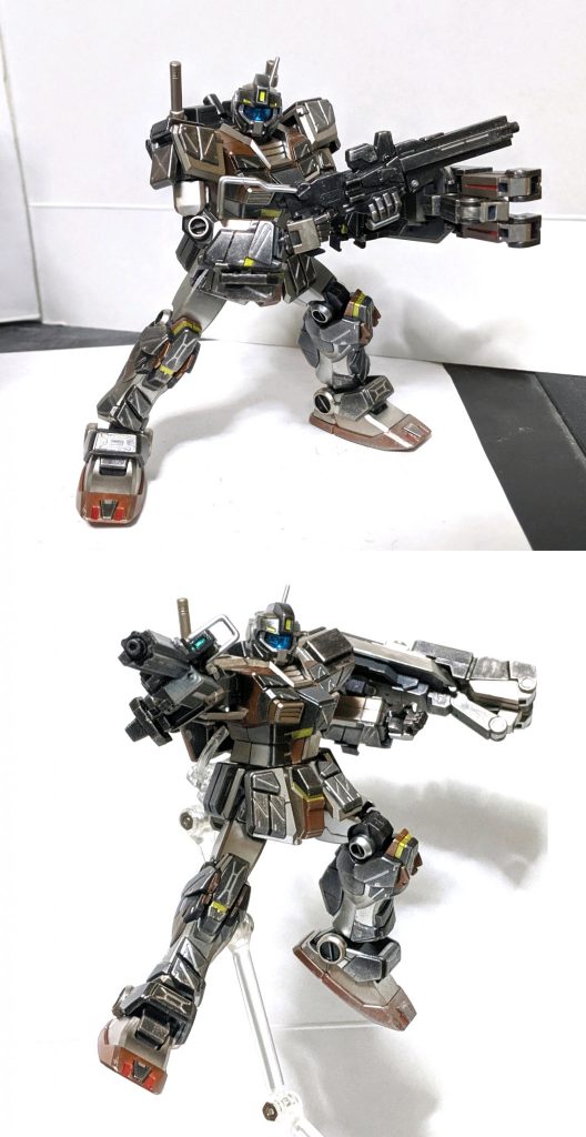 [専用カスタムマシンガン]「本機唯一の射撃武装であり、既存の100mmマシンガンを改造したカスタムモデル、バレルの大型化から、高性能センサーの搭載の他、従来の物と異なる高火力な弾丸を使用可能とする拡張システムが実装されている。」キット付属の100mmマシンガンを他キットのパーツを流用し自分好みに魔改造したマシンガンです。また、右腕部にマガジンも取り付けてあります。