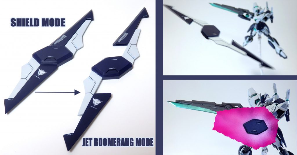 インテグラルモード発動時には機体はより攻撃的なものへと変化します。シールドもその一部であり、変形することでジェットブーメランモードへと移行。GNファングやGNビットなどと同じく無線誘導兵器として機能します。また中央部の小型ユニットはビームバリアを発生させることができ、ジェットブーメランでの攻撃じにはこちらで機体を防御します。