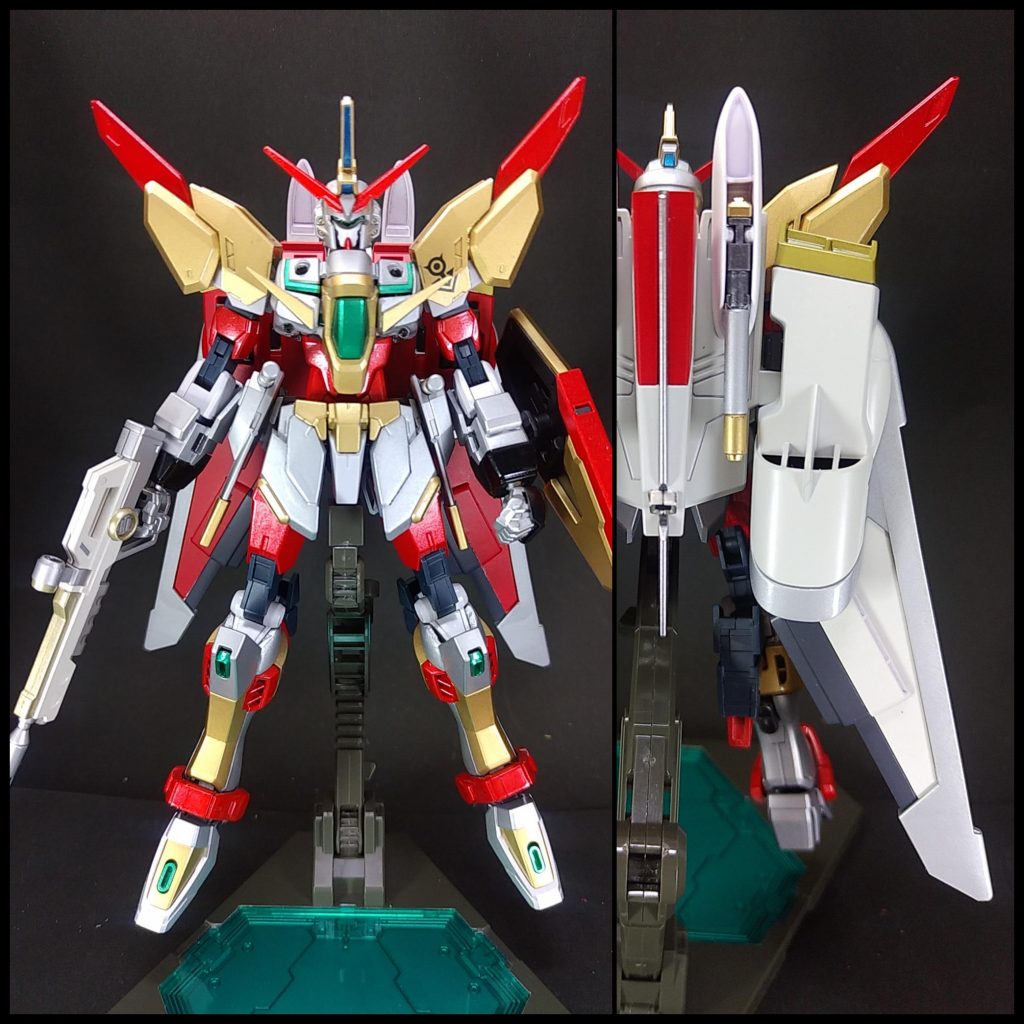 ジャスティス･アルスランガンダム強化アーマー「ジャスティスアーマー」を召喚、装着したアルスランガンダムの真の姿。インフィニットジャスティスガンダムをベースに作られており、ベース機の武装は全て使用可能。HGCEインフィニットジャスティスガンダムをアーマー化させました。ジャスティスとコアガンダムの接続にはプラネッツシステムの共通部分を使用しました。(今回はメルクワンユニットを使いました)胸はダクトパーツを入れるだけ隙間が確保できなかったので、プラ板で蓋をしてビルダーズパーツのMSブレードで装飾をしました。