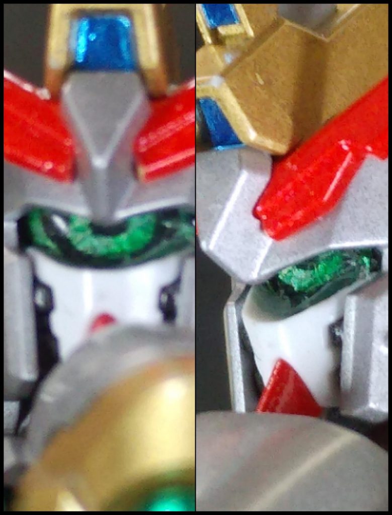 瞳はヒトツメ仕様にしてみました。マスク部分を丸く削って、なるべく瞳が見えるようにスペースを確保。ツインアイのパーツは使わず、アゴパーツにパテを盛って瞳の土台を作りました。シルバー→クリアグリーンの順に塗装。黒い筋を描いてUVレジンを厚めに盛りました。