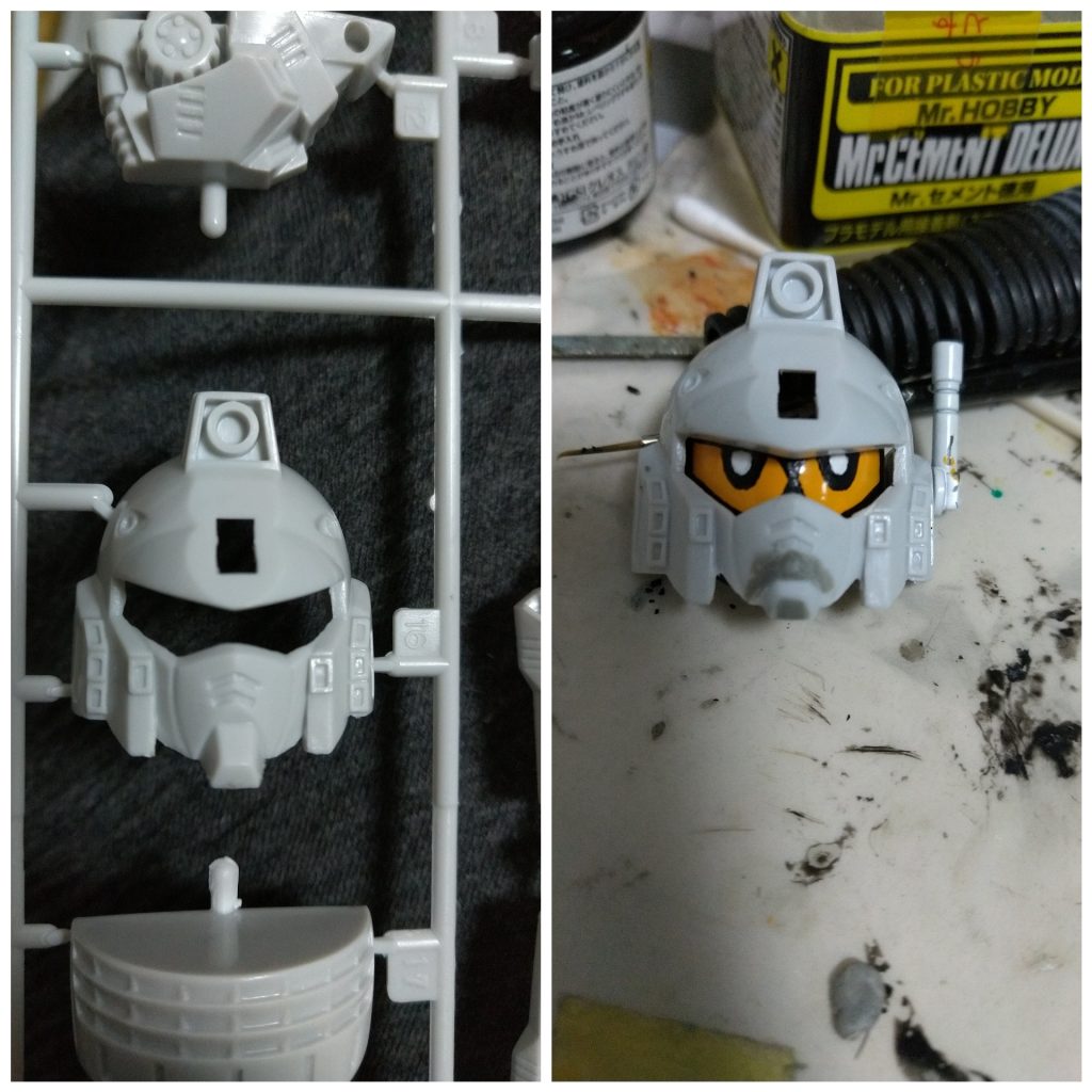 顔の加工途中。加工前との比較。できるだけイラストに近づくよう、パテ盛り、削りなどで右のように変えてるとこです。