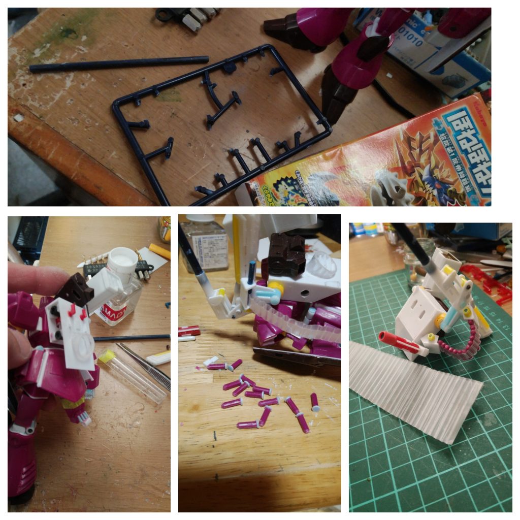 ミッションパック制作中。ドロッパーズフォールディングガンの砲身はほねほねザウルスのランナー。弾帯は切り出したプラの段ボールに弾状に削ったランナー