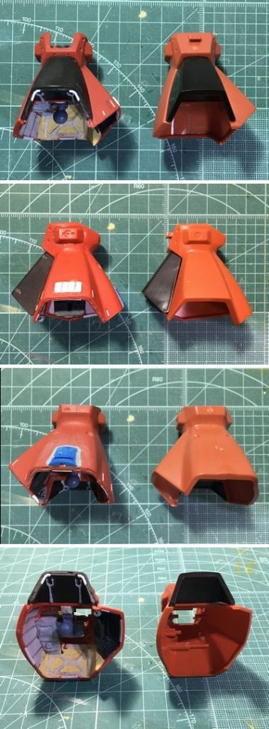 目立つスソ内部や装甲断面は見せ場の一つだと思い、0.3mmプラ板やジャンクパーツ、スジ彫りなどで加工。長さは太ももから膝関節で約5㎜、足首の関節部で4㎜延長。