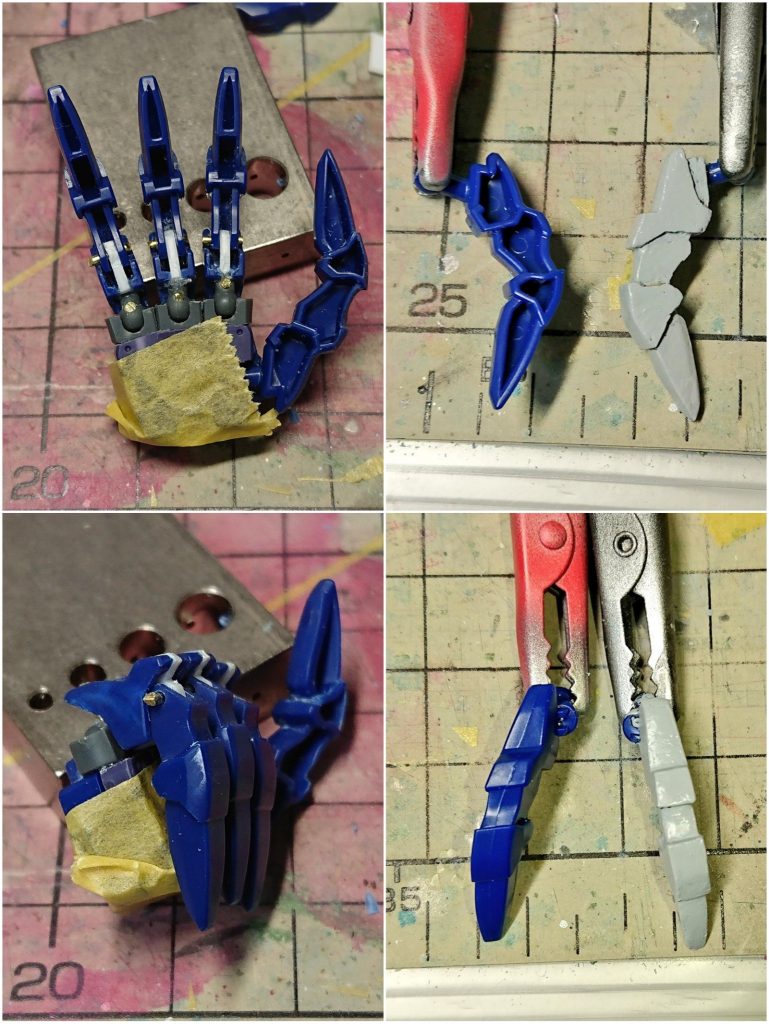 ゼルトザームの手はボールデンアームアームズと真鍮線を用いて指を可動化しています。また親指は金型の抜きの関係上節が斜めになっているのでエポパテで成形しなおしています。