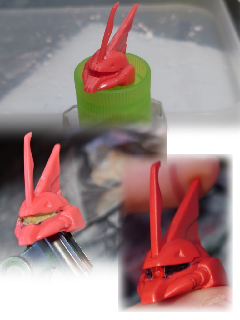 ゲルググJの顔。表面処理→マスキング→塗装完了の図。メインカメラにマスキングとかカバーがかかってる状態が好きなんです、逆シャアの工場にいるνガンダムとか。それはともかく、今回は表面処理の時に「水研ぎ」をしています。プロモデラーの鋭之助初代日野氏がお薦めしていた方法です。粉も舞わないのでこれからはこれで行きます。