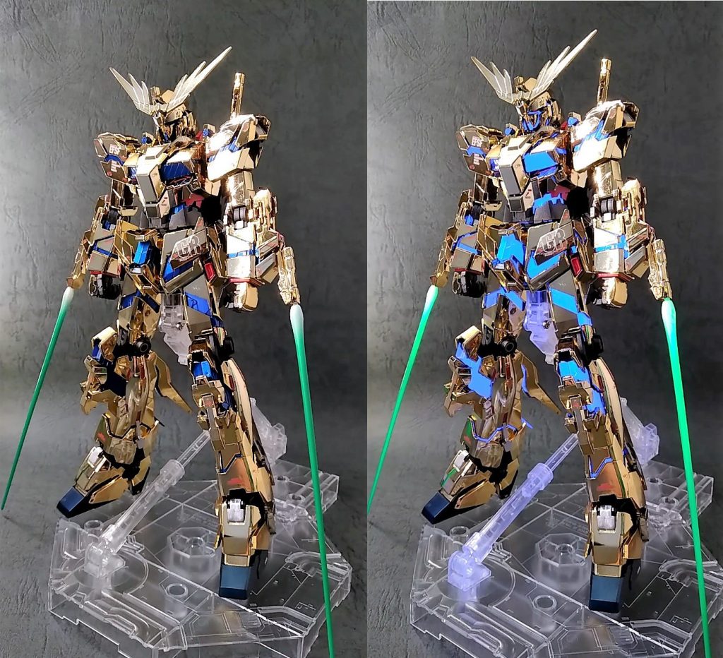 サイコフレームを中心にビームサーベルなども光りますが、個人的には目が光るところが一番気に入ってます。