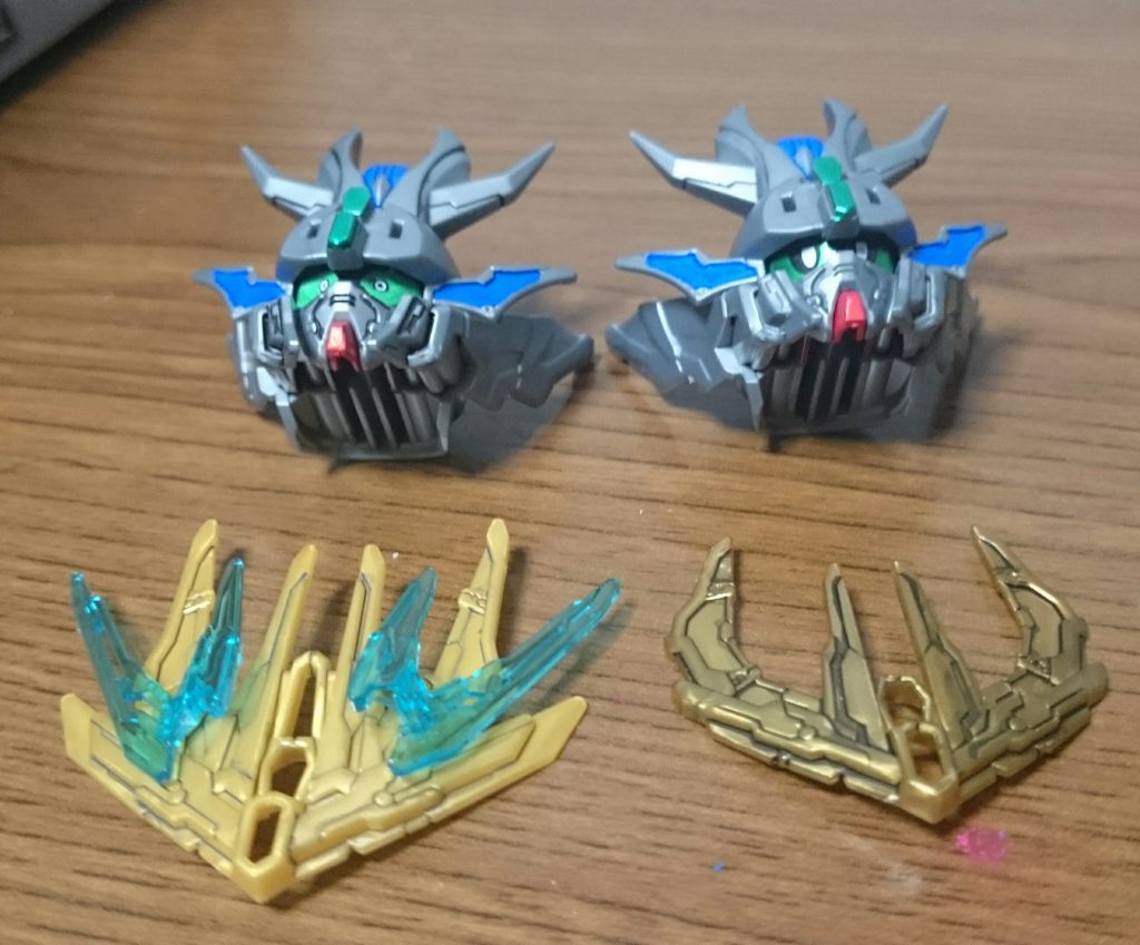 作り方は簡単。①まず目のシールを貼って、緑の部分と外枠の黒い部分の境界線のラインをスジ彫り②次にシールを剥がして、中の「🔘」というような目を頑張って描く!ガンマカのホワイトとスミ入れペンを使ってフリーハンドで描く!ぶっちゃけここの工程中々上手くいかなくて、3日くらいかけた!もう二度とやらんと言いたいけど、さっきふたつめの悟空を買ってきちゃったんで、多分悟空でもやる!……がんばろ…③「🔘」の周りをグリーンで塗装。その後外枠のブラックを塗装して完成!