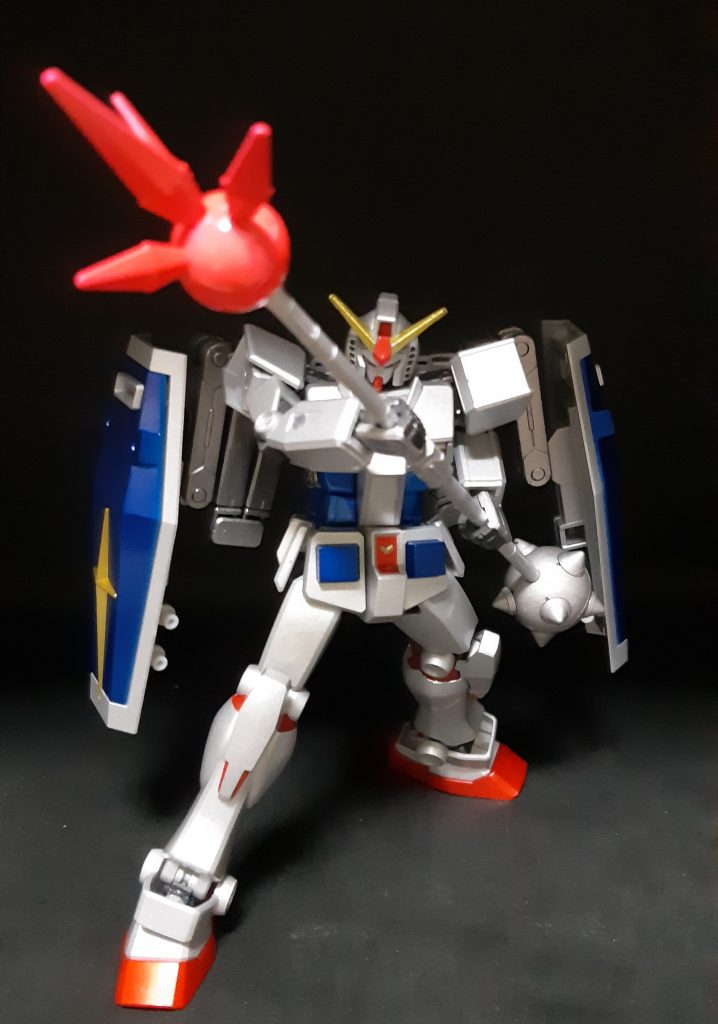 ハンマージャベリン(そのまんまのネーミング)。長物を持つ時に2連ビームライフルが邪魔なので、遠隔操作でオールレンジ攻撃できるという設定にして、そのためにバーニアもつけました。