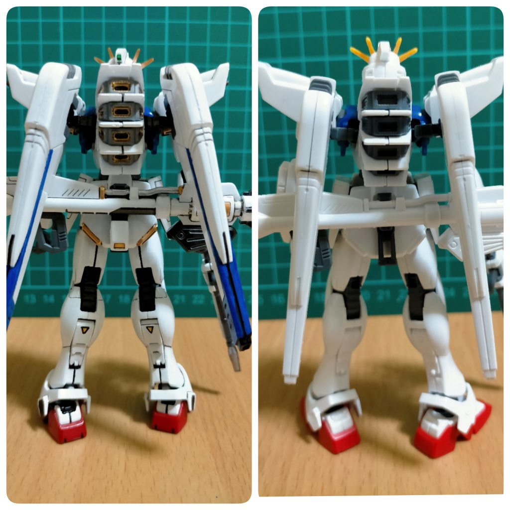 バックショット各方向　塗装後/塗装前特殊機能 バイオコンピューター機体主管制コンピューター兼サイコミュインターフェースデバイス。パイロットの技量を判断し、それによって機体のリミッターを制御する役割も持つ。M.E.P.E.放熱が触媒やラジエーターだけでは間に合わない場合、過熱した機体表面の装甲を分離する事で熱を逃がす排熱システム。名称は「Metal Peel-off effect（金属剥離効果）」の略であり、機体の最大稼働中に起きるものでMCA構造の副産物とされる。装甲の表面には耐ビームコーティングのような特殊加工が施されており、これが最大稼働時に剥離する事で放熱を行う。剥離したコーティングは機体の機動慣性方向にその熱量や輪郭等を残している為、これを敵機のセンサーやパイロットの肉眼がMSと誤認するという想定外の事態が起きている。この為、敵の撹乱等に有効であった。フェイスオープンフェイスマスク部装甲を開き顔面部の露出を大きくする事で頭部コンピューターの冷却機能を強化する機構サイコフレーム極小サイズのサイコミュチップを鋳込んだサイコミュ素材。サイコミュのサブ増幅器として操縦席の背に組み込まれておりパイロットとサイコミュの橋渡し役を担っている。