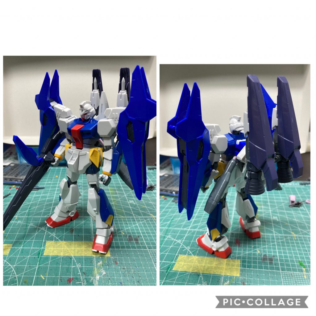 制作途中。可動工作は強度やバランスが難しく、良い経験になりました。。黄色はプラ板の後付けですが、三角形は合わせにくいですね。取れやすいのでデカールを探してみてもよかったかもしれません。