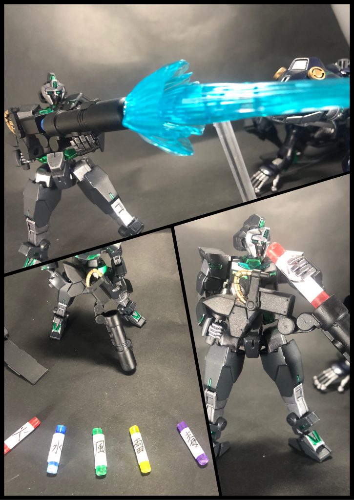 武器紹介④焙烙火矢と巻物焙烙火矢(ほうろくひや)大筒に巻物型のカートリッジを装填し撃ち出す武器。ジライヤ用の2本の巻物の他にも種類があり、属性系の火、水、風、雷の4本は敵の弱点を見抜ければ有効打になる。特殊系の「毒」は、金属(ガンプラ的にはプラスチック)を溶かす溶液を射出し、敵の装甲にダメージを与える。しかし巻物型カートリッジはまだ試験的段階で弾数に問題があり、中でも属性系は出力を抑えても4〜5発、フルバーストで1発が限界となる。そのため使い所が難しい。＊雑記⑤焙烙火矢とは戦国時代の火薬を用いた兵器のことで、手榴弾(焙烙玉)を大筒で撃ち出すグレネードランチャーのような武器を指します。今回参考にしたのはその大筒で、属性を色々変えれたら面白いかな…ということで属性カートリッジ式に。カートリッジを変えると弾が変化するっていう感じが伝わると幸いです。