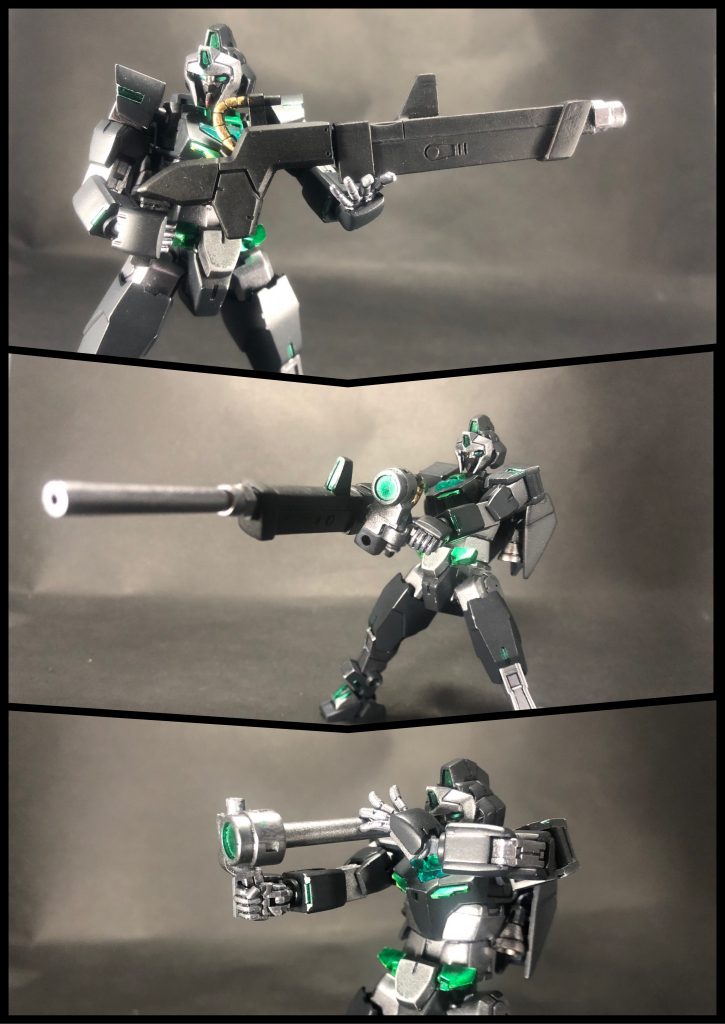 武器紹介③火縄銃＆望遠鏡火縄銃型のビームライフル。望遠鏡型のスコープと合体させて長距離狙撃型(スナイパーライフル)にすることで、相手に気付かれずに狙撃を行う。オタマジャクシビットから視覚的情報や位置情報を得ることで、射撃の精度を上げることも可能。＊雑記④スナイパーライフルを採用したのは、仮に現代で忍者が暗躍するとしたら狙撃での暗殺も取り入れるかな？という思いつきから。火縄銃だけだとギミックが物足りなくて…って理由が先だったりしますがwそしてスコープは実際に望遠鏡として使用できる設定ですが、モビルスーツに必要かと問われると苦しいですねw