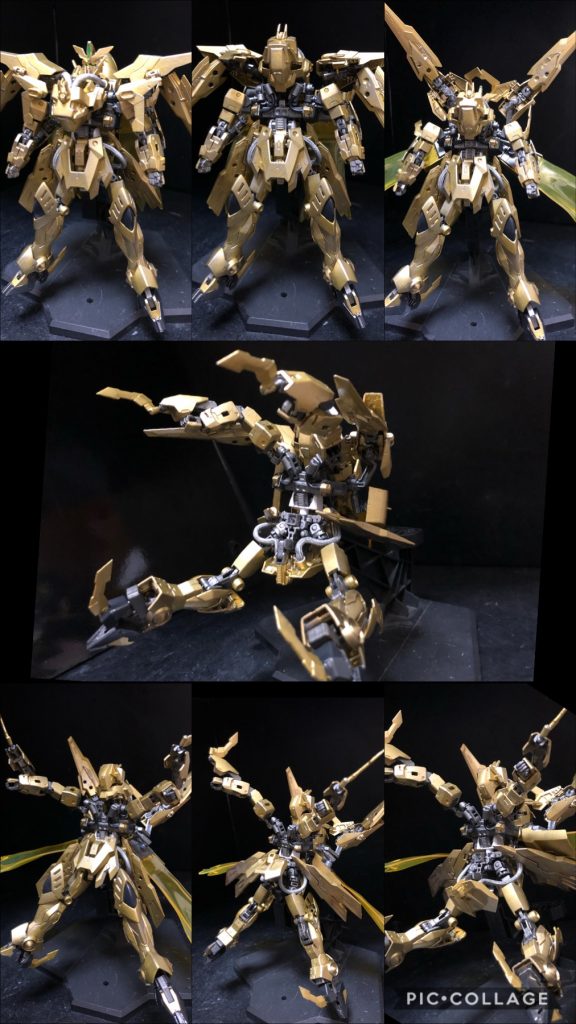 ① 胸部装甲を上部に展開する。② 腕パーツを上方に一列に伸ばしてハンドパーツカバーを被せる。③ 上部を全方へ傾ける。④ 腰部を反転。サイドアーマーを展開する。⑤ 脚部を広げて定位置に。⑥ リアアーマーを下方へ下げてスキュラを展開する。−MA形態の完成−カザミ「おおおー！やるじゃねええか！！」oyz「他に戦闘機形態にも可変しますよ〜。」カザミ「おお！マジかよお！よっしゃ！じゃあ面倒くせえ話はここまでにして、早速バトルで試してみようぜ！」oyz「フフフ、そんな事もあろうかと！」カザミ「お？」oyz「今回は特別ステージを用意しました〜。その名も“エルドラクエスト”！！」カザミ「おお〜！」oyz「カザミさんが勇者となって、世界を救う的なクエストです〜！」カザミ「おお〜！いいじゃねえか！俺が勇者ってトコが最高だな！アンタよくわかってんじゃねーか！早速行こうぜ！」oyz「そうと決まれば！ゲームスタート！」−エルドラクエスト−⚫︎ストーリー平和な世界、エルドラで突如何処からか現れた魔王が降り立ち、世界を恐怖で支配し始めた。だが、神は世界を救う為、ひとりの勇者を世界に遣わした。黄金のガンダムと共に....！カザミ「おお、着いたか？うーん？アレ？ココって、コレいつものエルドラの神殿じゃねーか！あれ？室長は何処だ？」oyz「私はココですよ。」カザミ「え？なんだそれ！？何ちっちゃくなってんだよ！」oyz「ファンタジーという事で、フェアリーになってみました。どうですか？」カザミ「どお？って言われてもよお....。その仮面被ったフェアリーとか微妙すぎだろ...。」