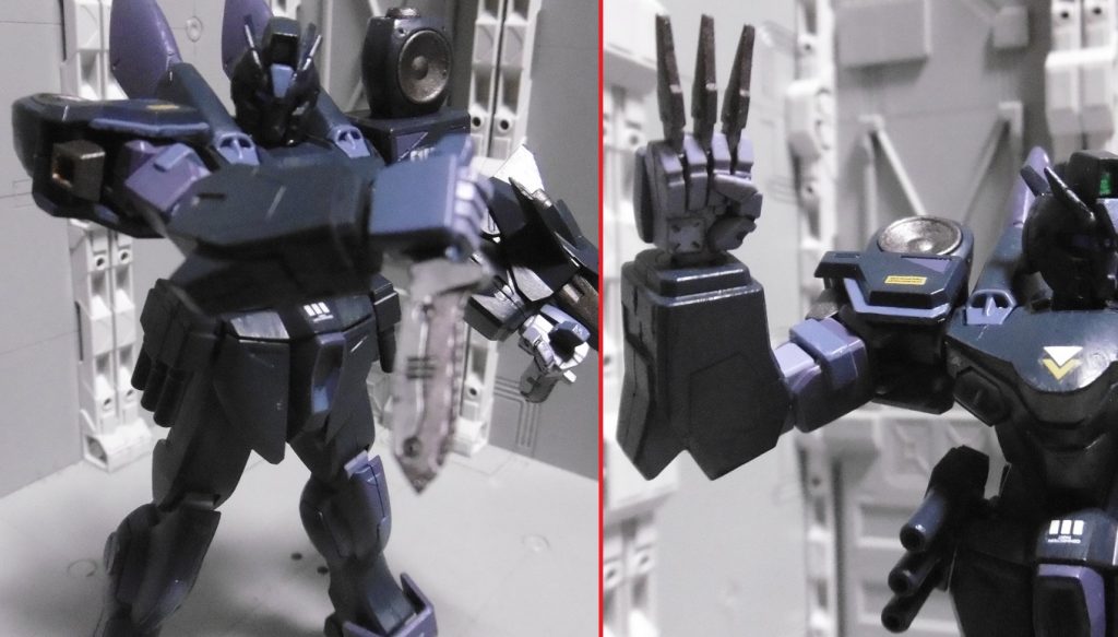 ビーム兵器は光や熱の問題があるため排除し、格闘兵器でまとめました。両手のナイフは「グリモア レッドベレー」のを２本そのまま使っています。アーマーシュナイダーは「ソードカラミティ改造キット」のしか持ってなく、試しに持たせてみたら保持力が甘かった（付属ビームライフルも同様）ので、グリモアからプラズマナイフを拝借。武器名は『メッサー』（ドイツ語で片刃ナイフ）に。右手の『スティレット投擲噴進対装甲貫入弾』は、ブルデュエルから。忍者っぽい武器でお馴染み、爆裂クナイですね。右手首を入れ替える際にカバーだけ交換します。ブルデュエルの左肩では重すぎるため使わず、機体のどこかに３本隠し持ちます。コレを使わせたいだけのために、トリケロス複合武装を諦めました。右腕がブリッツではなくガイアなのも、そのための構成。両サイドアーマーは「ストライカージンクス」のスモーク・ディスチャージャーに。煙幕を張って一時的に姿を消し、攻撃・牽制・逃走等の手段。