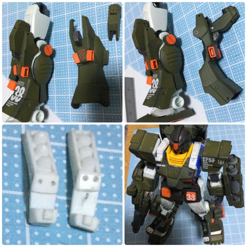 膝アーマーのハッチオープンはまだ簡単だったのですが、肩のミサイルベイが結構大変でした。完成後の絵面は地味です(笑)