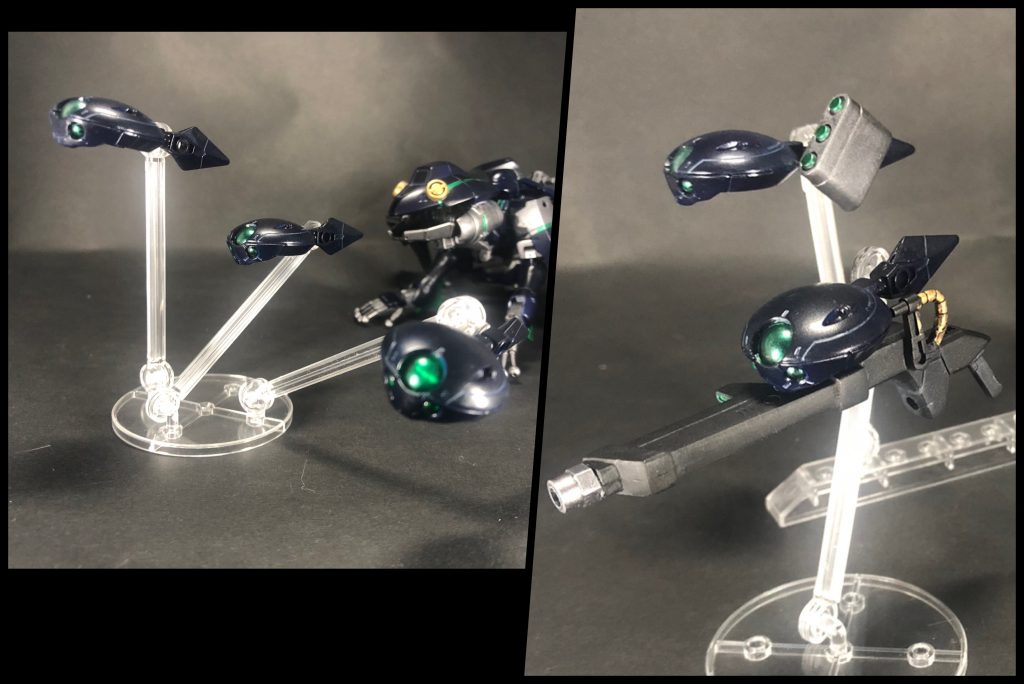 武器紹介①オタマジャクシビットオタマジャクシの形を模した3機のビット。苦無ビットに自立機動ユニットを追加したもので、主に偵察や武装の運搬に使用される。装備した武装を使って、戦闘の支援を行うこともある。