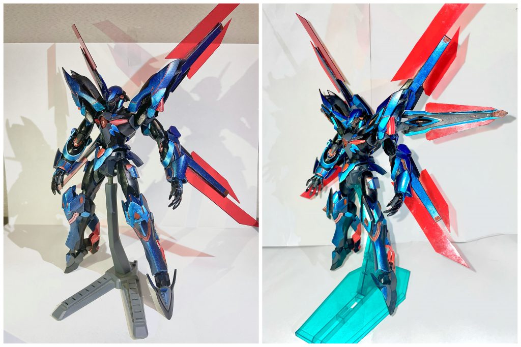改修前(https://gumpla.jp/hg/697731)との比較アストラルビットⅡ増設の他に肩や足に装飾を追加しました。