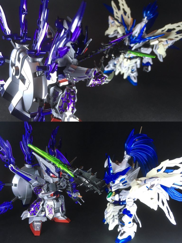 先日製作した司馬師レジェンドガンダムとは、楽嘉の戦い(毌丘倹・文欽の乱)において文鴦が魏軍の多重防衛陣を全て突破して司馬師の本陣を強襲し、直接干戈を交えたという戦歴からライバル関係の設定としています。