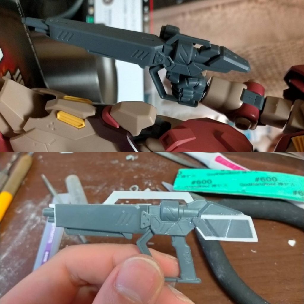 一番気に入らなかったのがビームライフルの形状でした銃身を切り詰めて、取り回し良くし、ジェネレーター？の大型化をし、ビーム出力を上げますイメージとしては、サザビーのビームショットライフルみたいに、散弾のビームも打てるビームライフルを目指しましたあとスコープの位置が右側だったのですが、凄い違和感を感じたので左側に来るよう移設しました