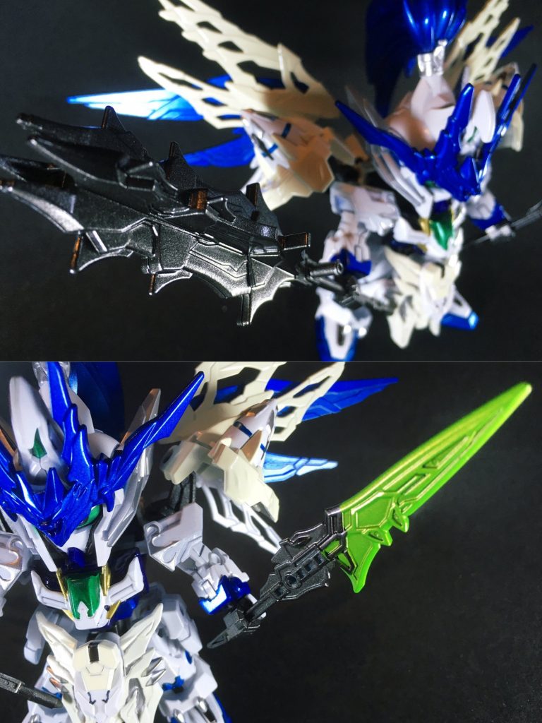 武器は馬超バルバトスの槌鉾(メイス)と趙雲ダブルオーの長剣です。元々のキット仕様で両者の連結が可能だったためカラーリング変更してそのまま利用しました。一目で猛将とわかる長柄の大得物を、と考えていましたがメイスだけではゴツ過ぎる印象があったので、こちら連結する事で重量と鋭利さを併せ持った大身鎗という感じになって、イメージ通りの武器を持たせる事が出来ました。コーエーテクモ『真・三國無双7』に登場する文鴦の武器が投擲槍だった関連で、こちらの大身鎗もブン投げる設定です。